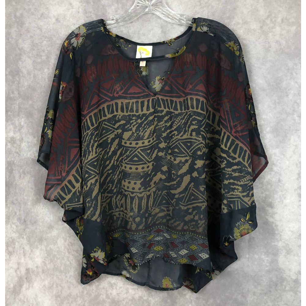 Anthropologie Fig and Flower Sheer Boho‎ Top Aztec Floral High Low Tunic Blouse